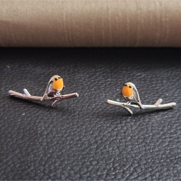 Adorable birds on a branch silver tone earrings,  orange & black enamel - Picture 1 of 2